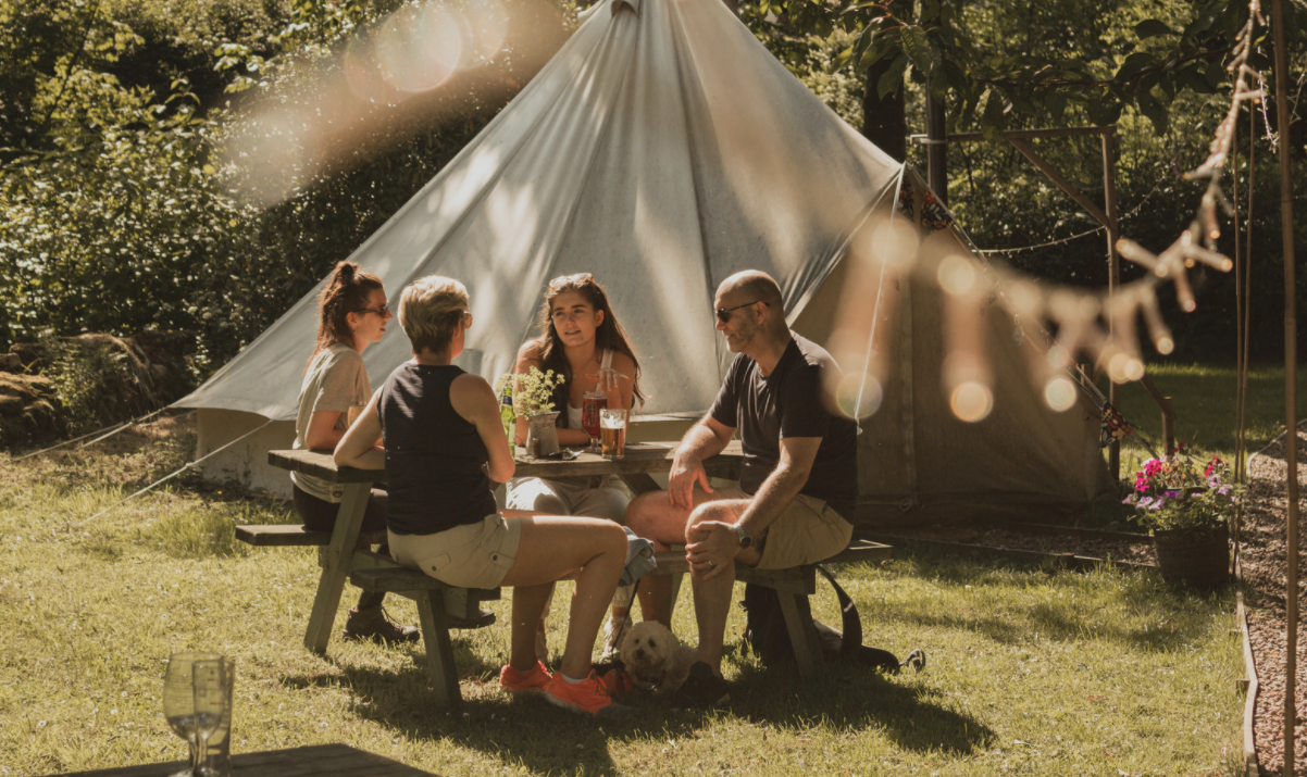 Family glamping at a campground.