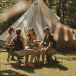 Family glamping at a campground.