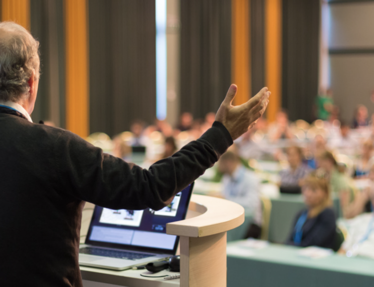 Giving a talk at an RV trade show.