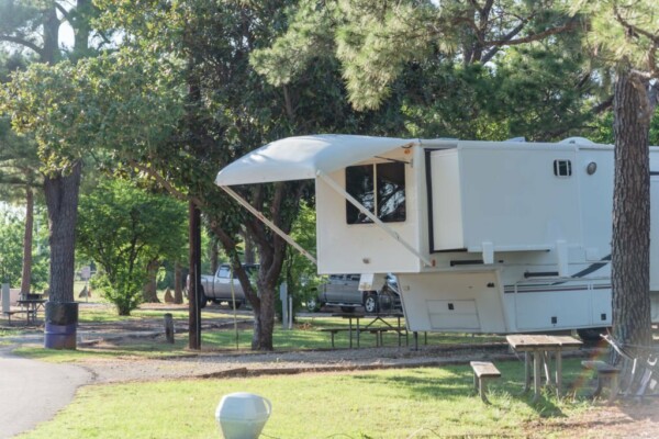 RV campground with plenty of trees for both tent camping and RV sites in Texas, America