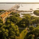 Aerial view of an RV park by a lake