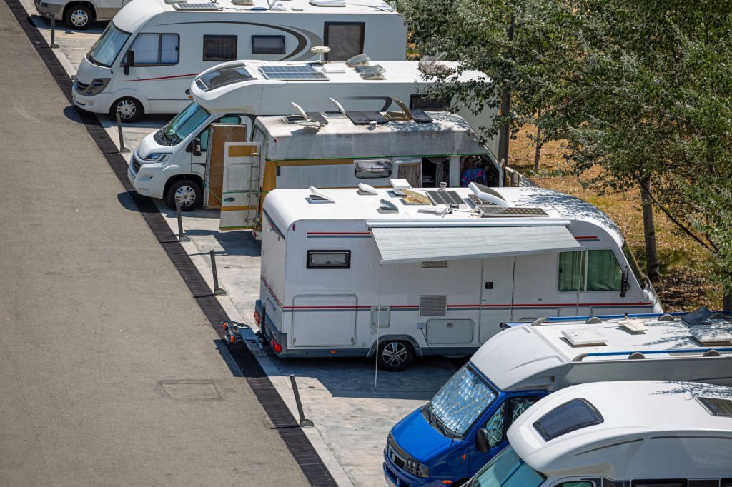 View of RVs parked in a campground