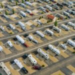 Aerial view of trailer RV vacation in recreational vehicle parking camping park