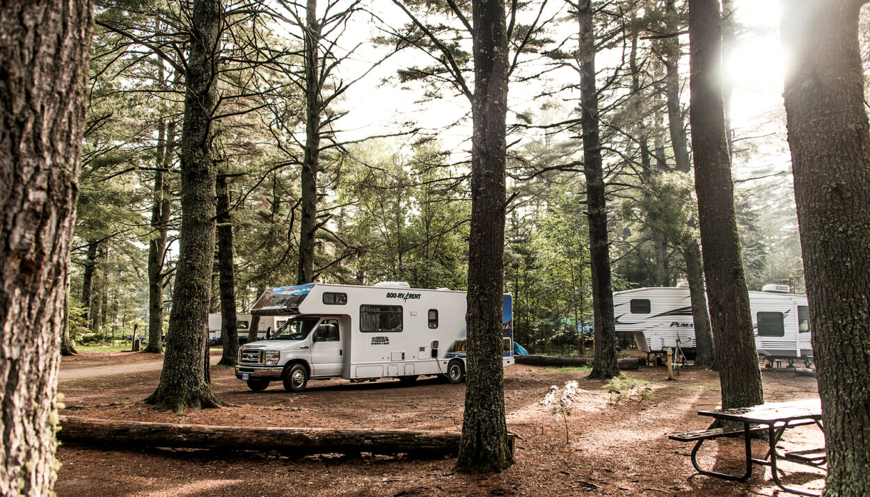 Canada Ontario Algonquin National Park 30.09.2017 - Parked RV camper car at Lake of two rivers Campground Beautiful natural forest landscape