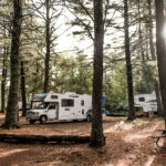 Canada Ontario Algonquin National Park 30.09.2017 - Parked RV camper car at Lake of two rivers Campground Beautiful natural forest landscape