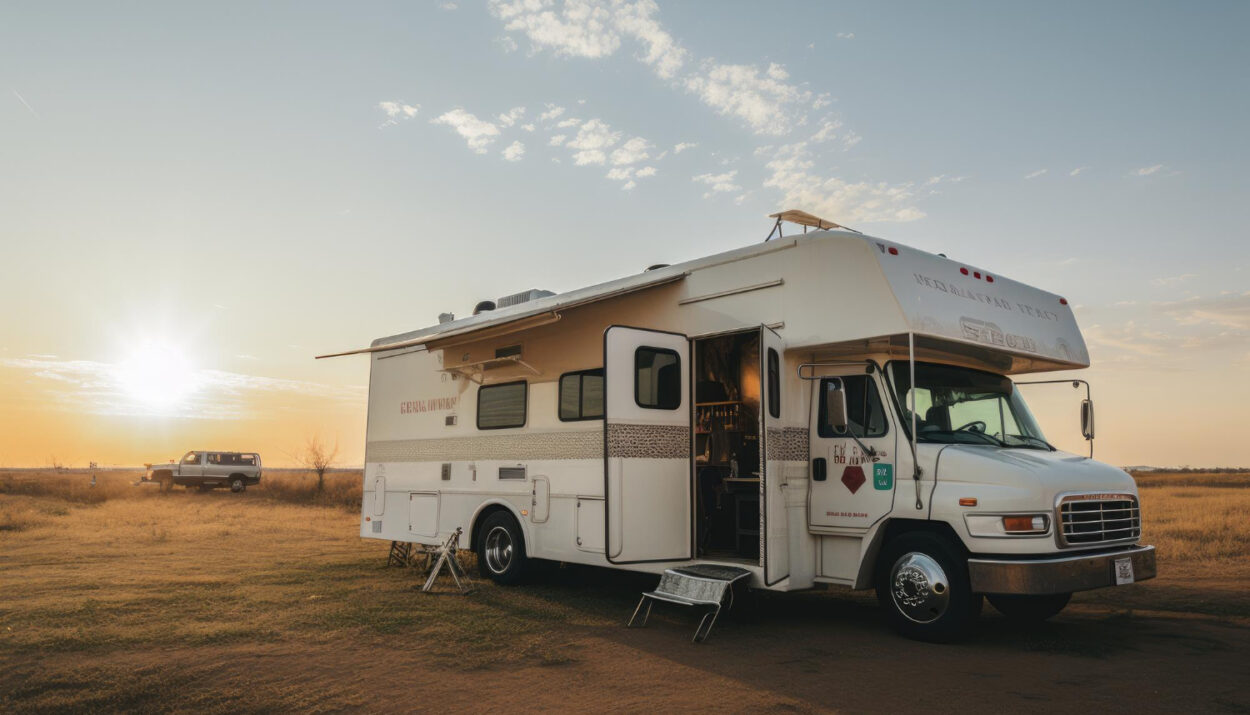 White camper in a beautiful campground in nature