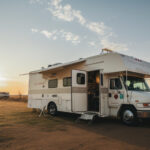 White camper in a beautiful campground in nature