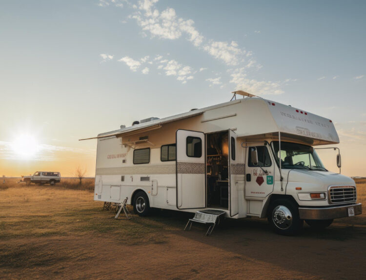 White camper in a beautiful campground in nature