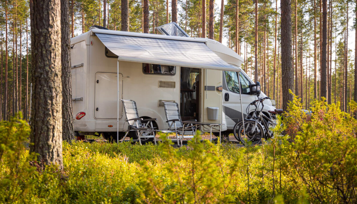 A white and grey camper van with two chairs outside in a low point of view at the forest