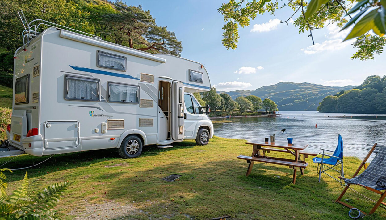 a white camper in front of a lake with a few tables and chairs