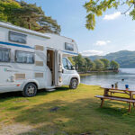 a white camper in front of a lake with a few tables and chairs