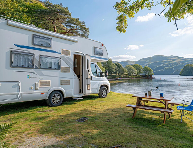 a white camper in front of a lake with a few tables and chairs