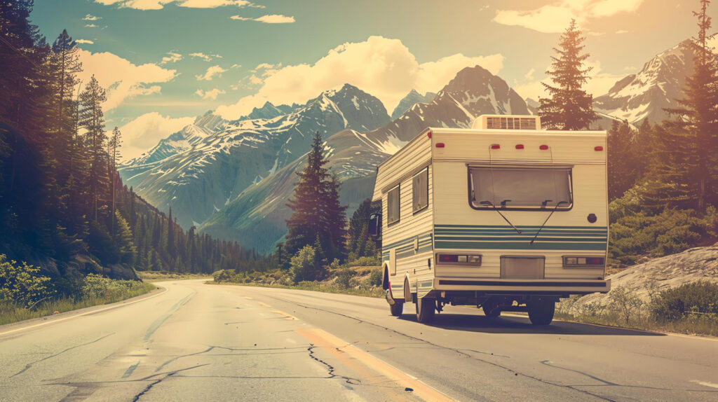 Beautiful white with blue stripes camper van going to their next campground in the mountains 