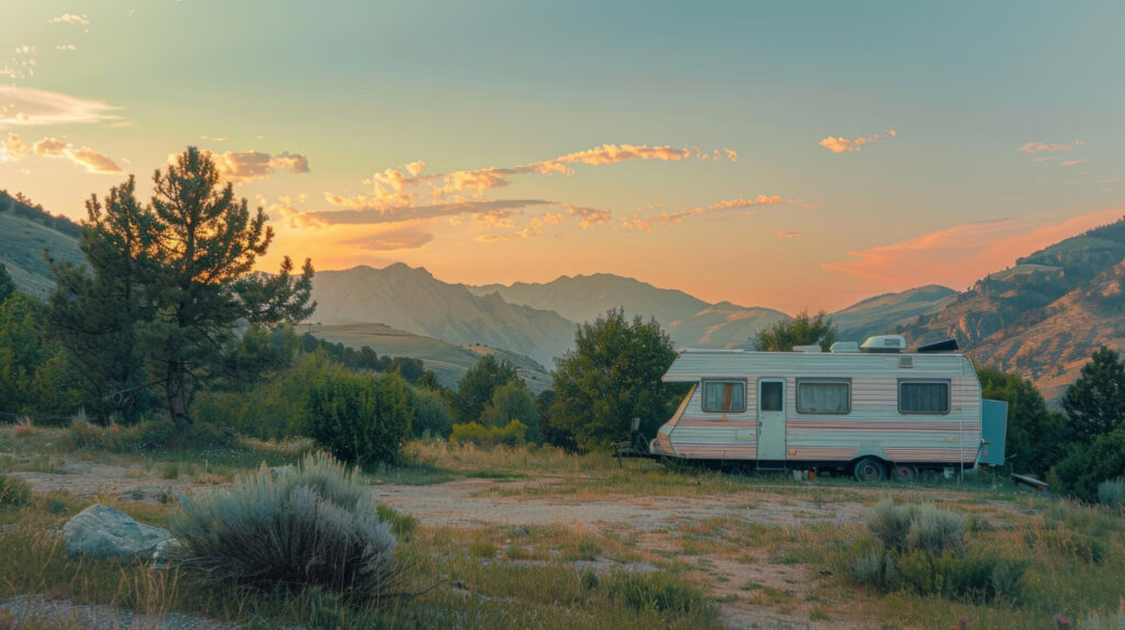 A white and pink camper van in a campground spot with a beautiful sunset behind 