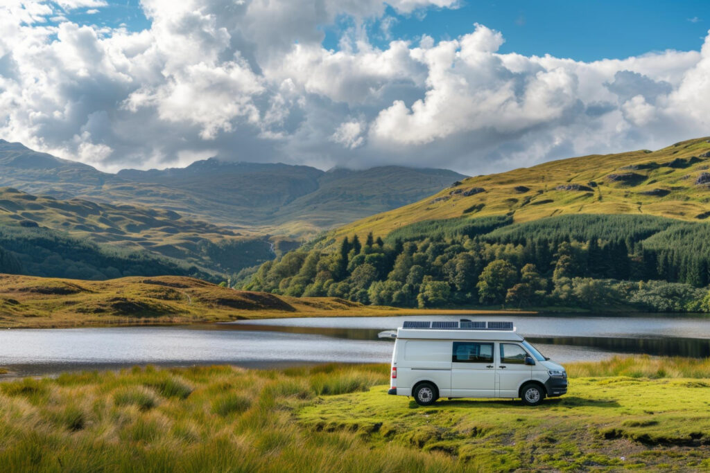 A white camper van with a panoramic view of the mountains in front of it 