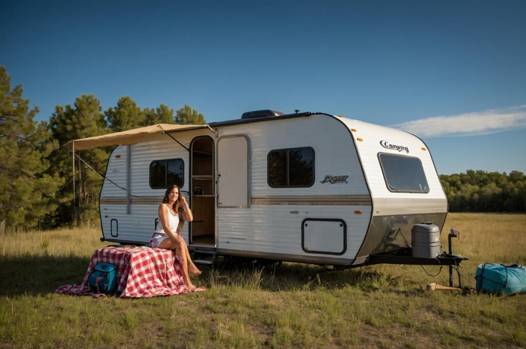 A woman outside of her camper van in a campground spot