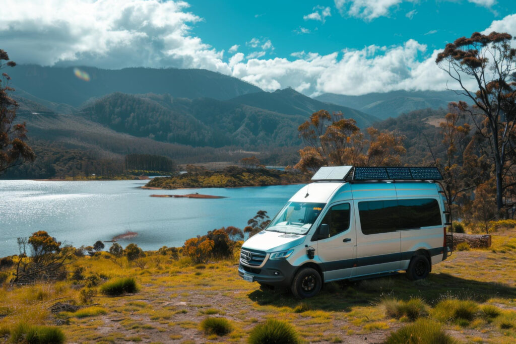 A small silver and grey camper van in front of a lake in the mountains 