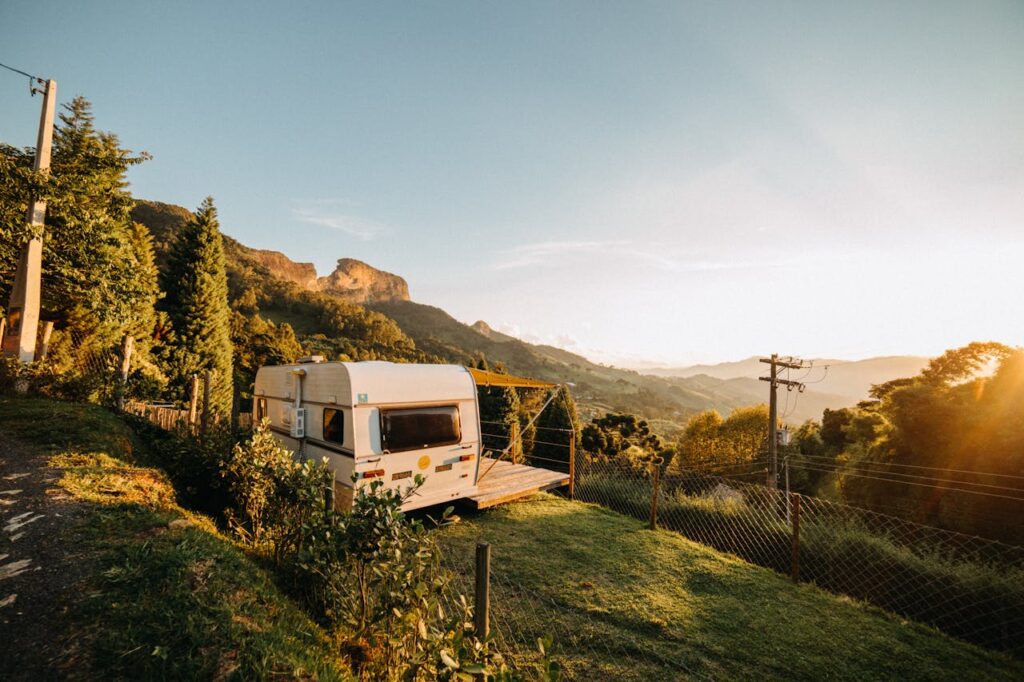 Beautiful white campground in top of a mountain in a sunset