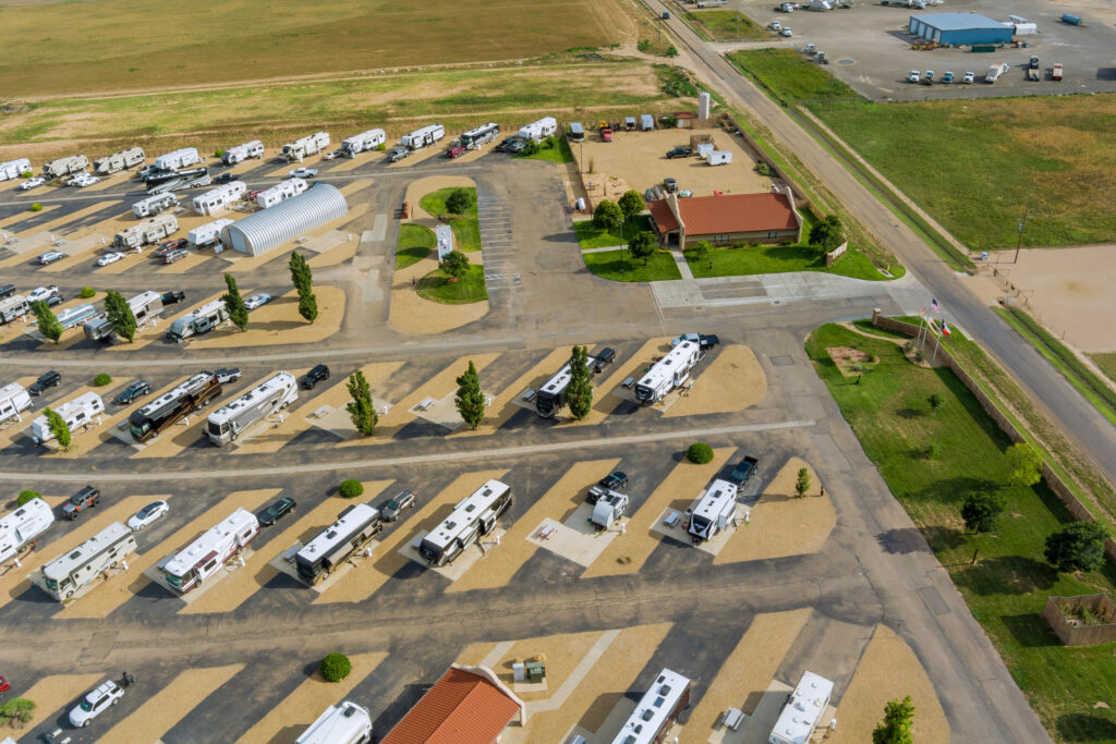 An aerial view of a RV park