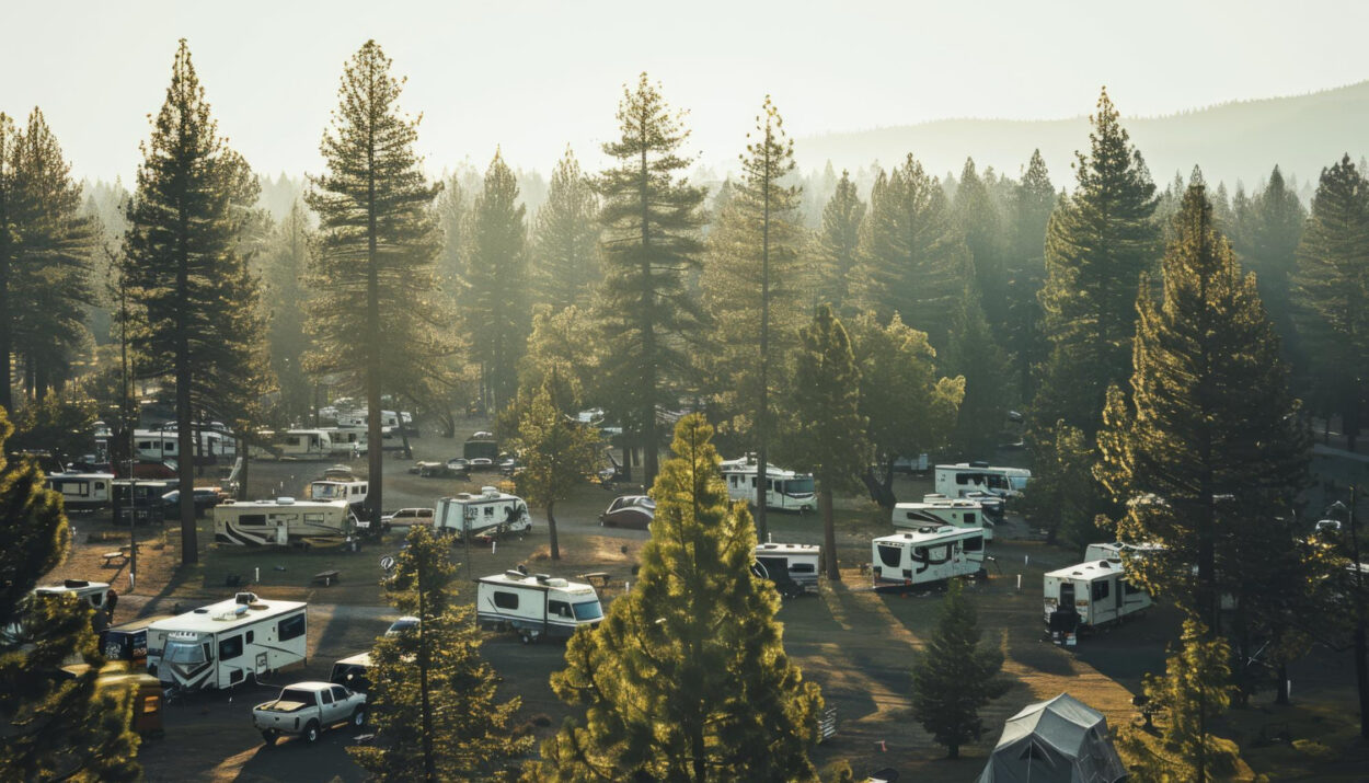 drone view of a campground with a lot of camper vans in the forest