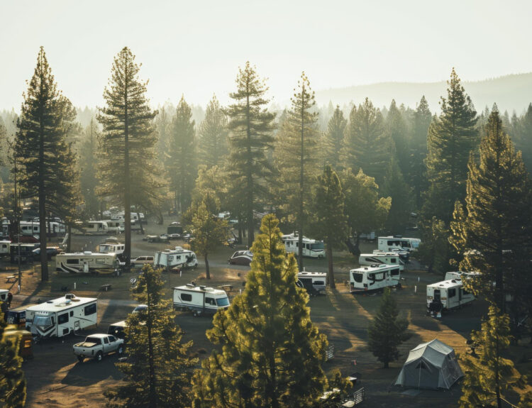 drone view of a campground with a lot of camper vans in the forest