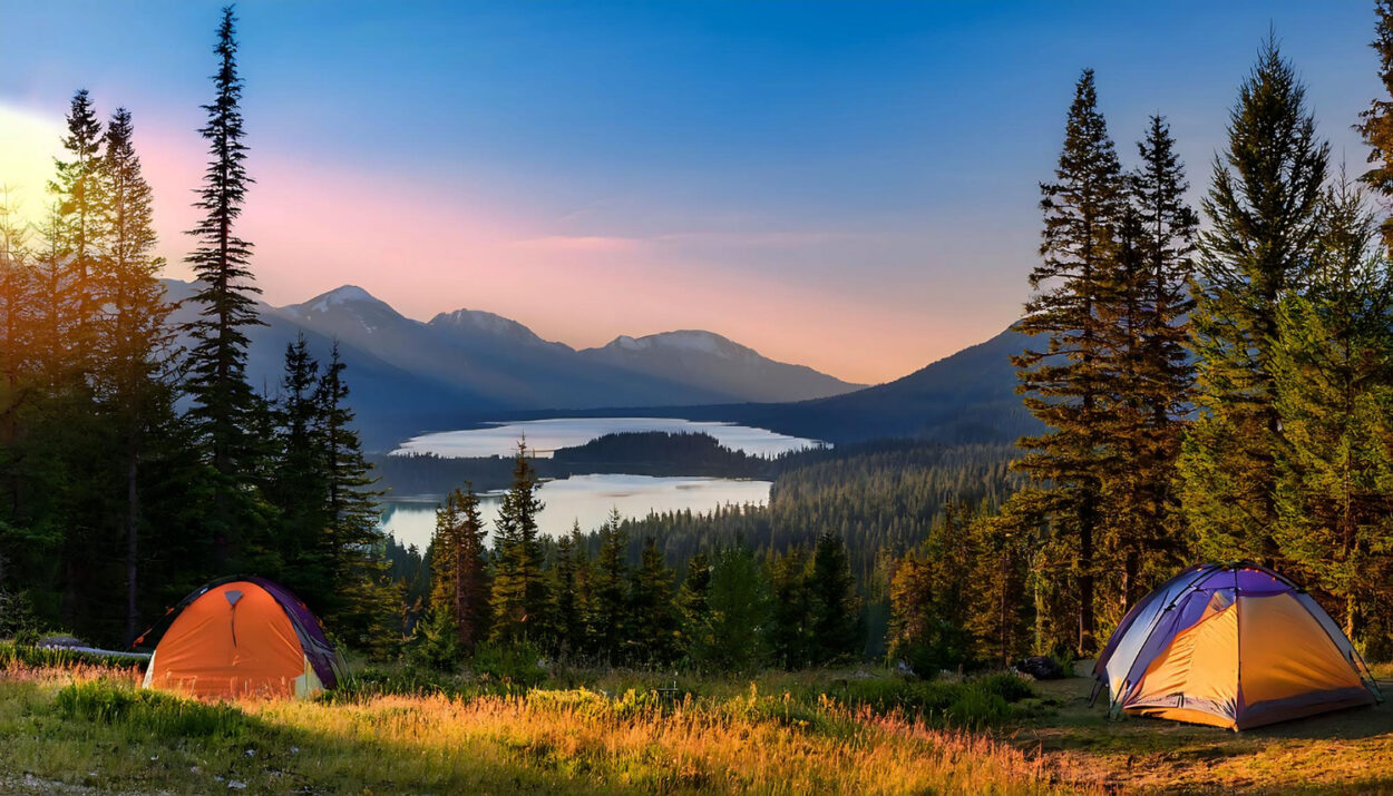 a panoramic view of a camping in the forest on a mountain with the sunet to the left