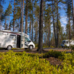 A white campground in nature with a lot of trees surround them