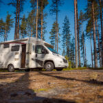 A white and grey camper van surrounded by trees in nature