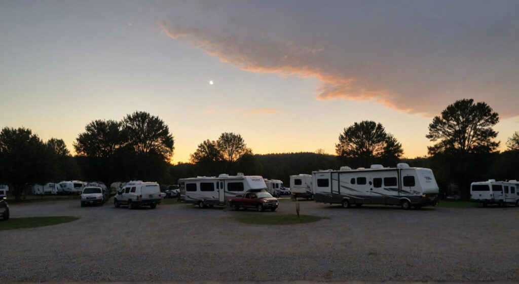 a group of camper vans in a RV park 