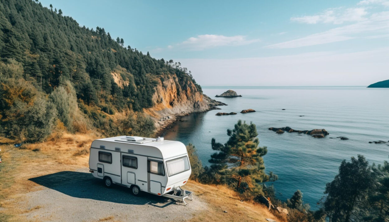 a high ground point of view of a camper van on the edge of a cliff with the ocean in front of it