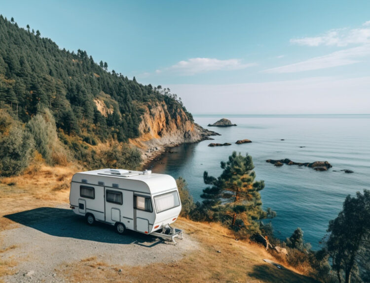 a high ground point of view of a camper van on the edge of a cliff with the ocean in front of it