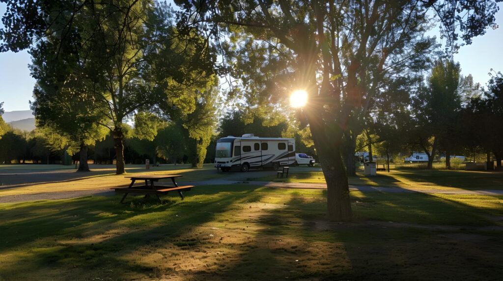 A wite camper van in a campground spot reserved using campground booking software