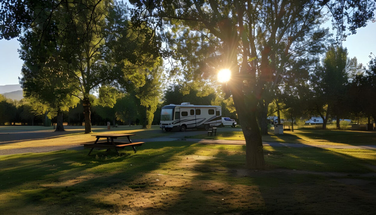 a camper van on their respective campsite spot of an RV park