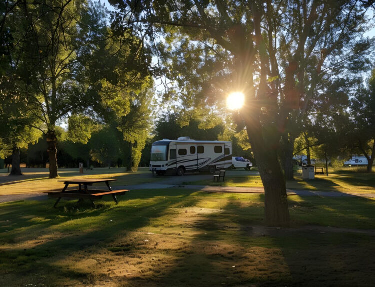 a camper van on their respective campsite spot of an RV park