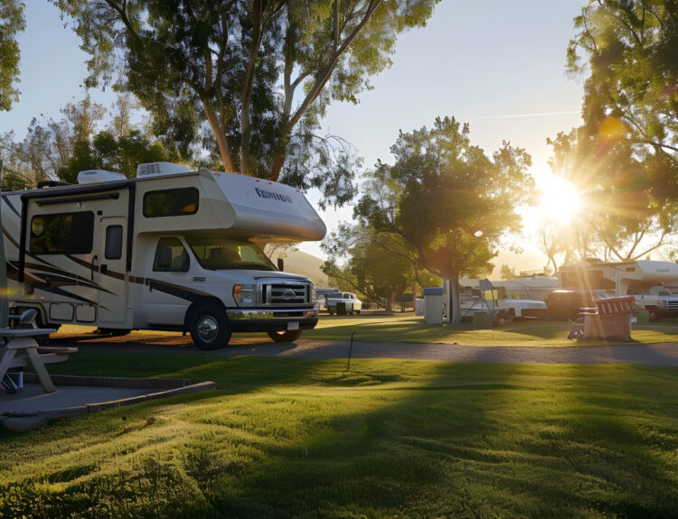 A camper van in a camping spot in the forest