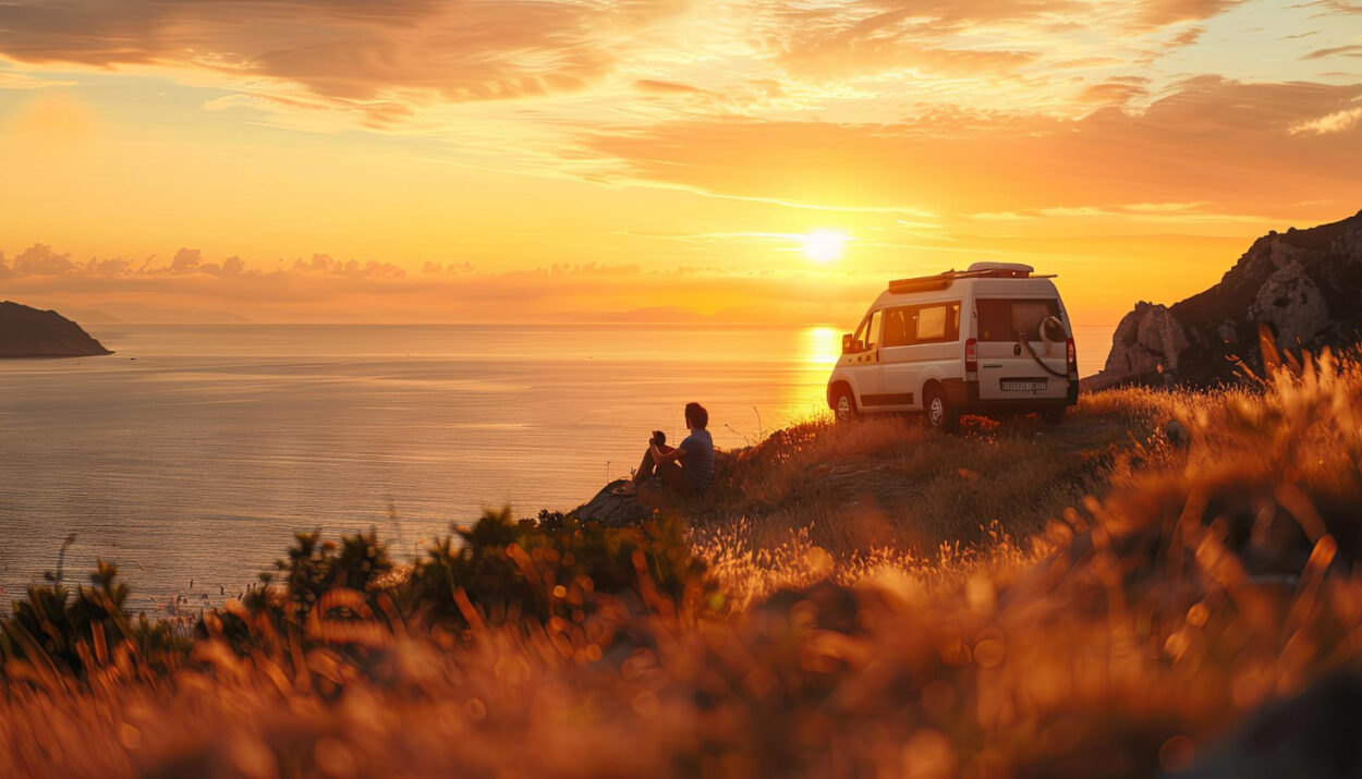 a person sitting on top of a mountain with a camper van beside him with the view of a beautiful sunset