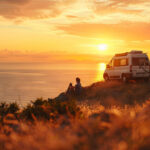 a person sitting on top of a mountain with a camper van beside him with the view of a beautiful sunset