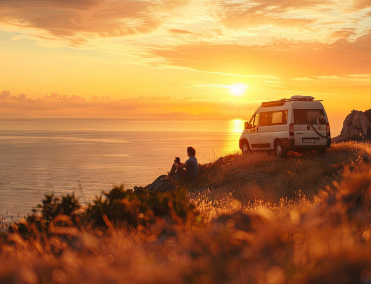 a person sitting on top of a mountain with a camper van beside him with the view of a beautiful sunset