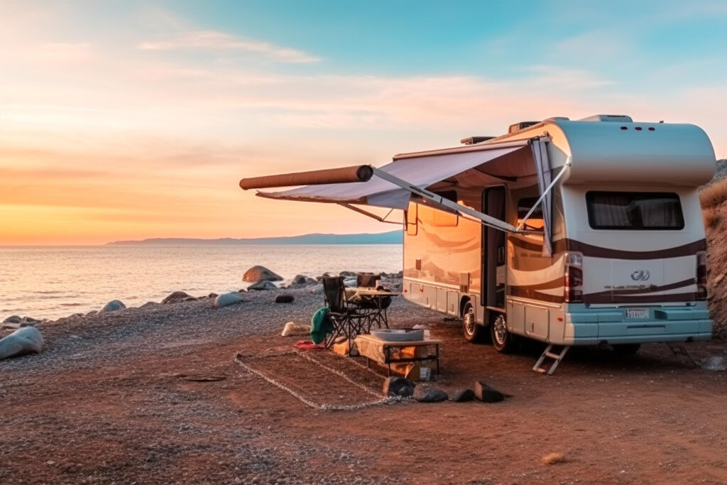 A white camper van with brown lines in front of a beach with a few chairs outside