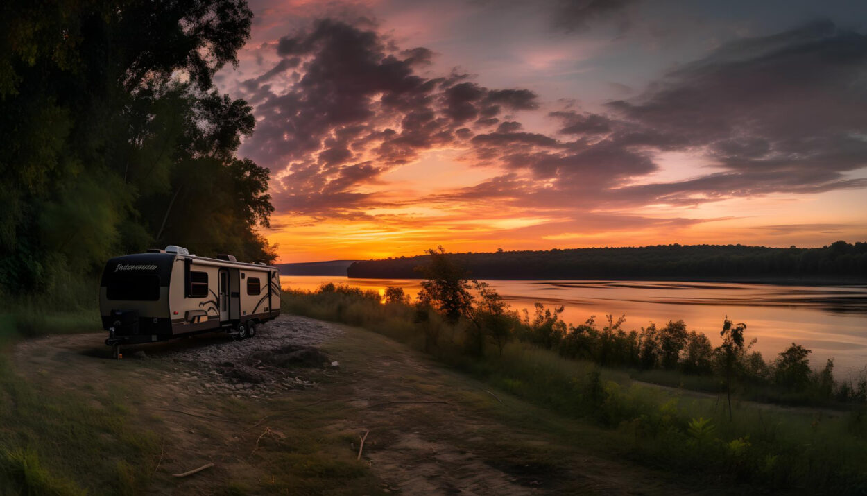 A white and brown camper sited near a river on a RV park with the sunset in front of it