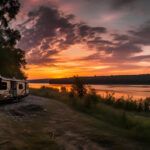 A white and brown camper sited near a river on a RV park with the sunset in front of it