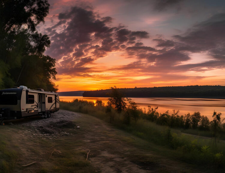 A white and brown camper sited near a river on a RV park with the sunset in front of it