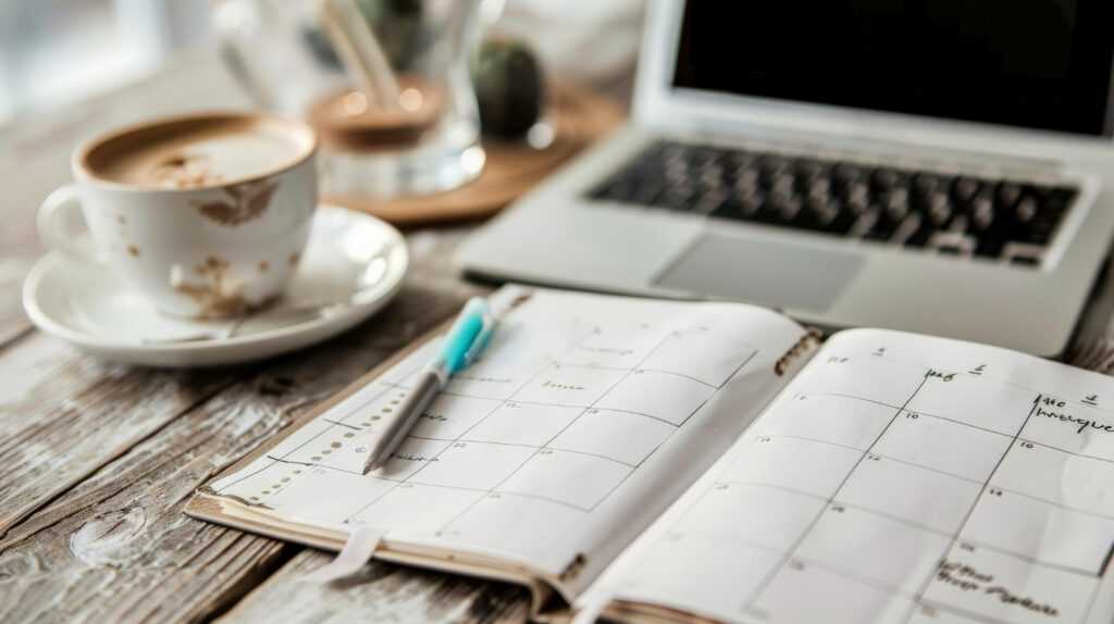 a laptop in a table and a coffee cup planning their next reservation using camping reservation software