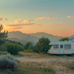 a white and orange camper van on the top of a mountain with a beautiful view of the sunset