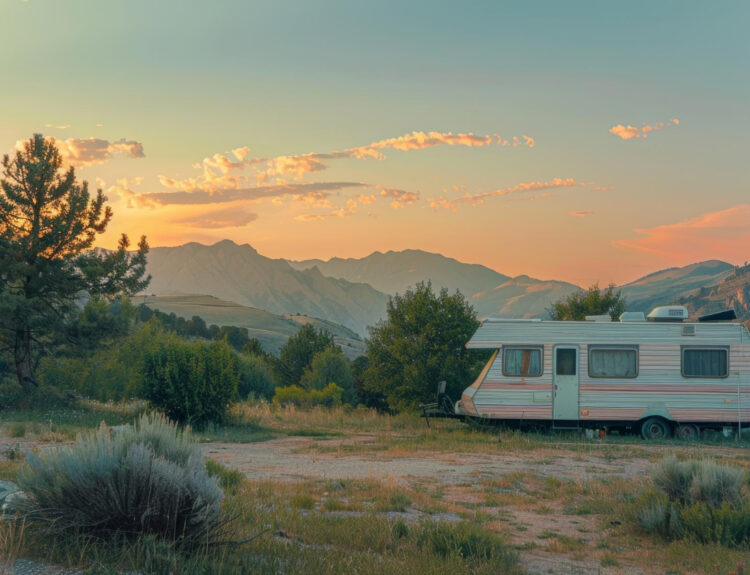 a white and orange camper van on the top of a mountain with a beautiful view of the sunset