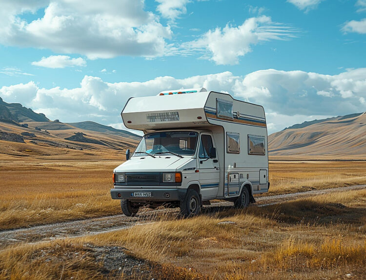 a white camper van on the road going to its RV park using camping reservation software