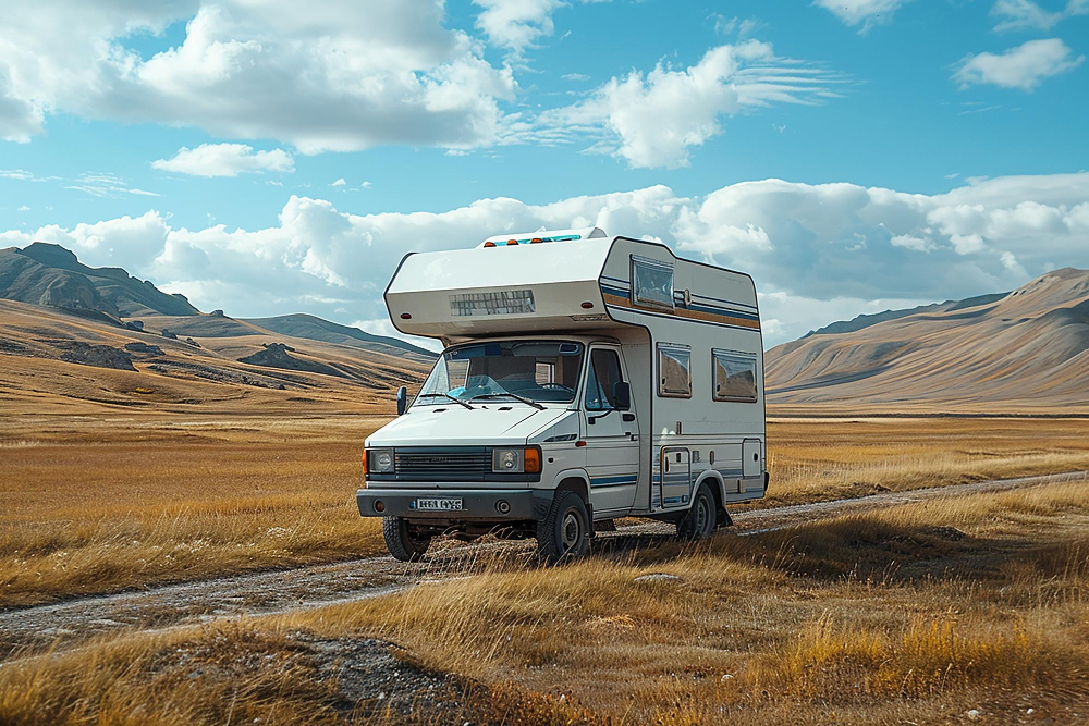 a white camper van on the road going to its RV park using camping reservation software