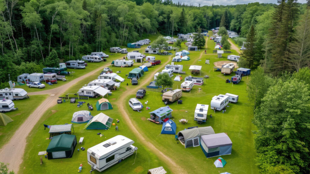 high point of view of a RV park with a lot of camper vans and a few tents 