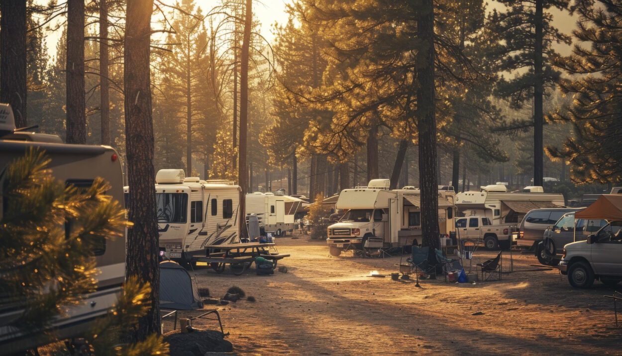 a group of camper vans in a RV park in the afternoon