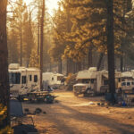 a group of camper vans in a RV park in the afternoon